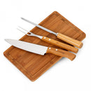 Kit para Churrasco Faca + Garfo + Chaira + Tábua com sulco e Alça de aço 100% Bambu
