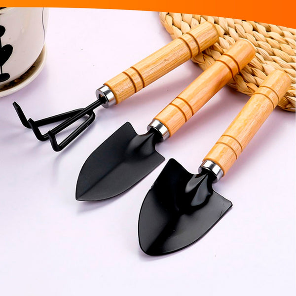 Kit 3 Peças Para Jardinagem Conjunto Mini Ferramentas Madeira Jardim Vaso Planta Horta Cultivo com Ancinho e Pá