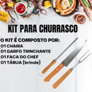 Kit para Churrasco Faca + Garfo + Chaira + Tábua com sulco e Alça de aço 100% Bambu