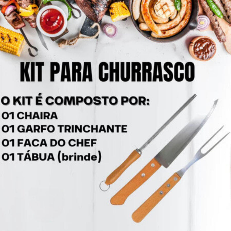 Kit para Churrasco Faca + Garfo + Chaira + Tábua com sulco e Alça de aço 100% Bambu