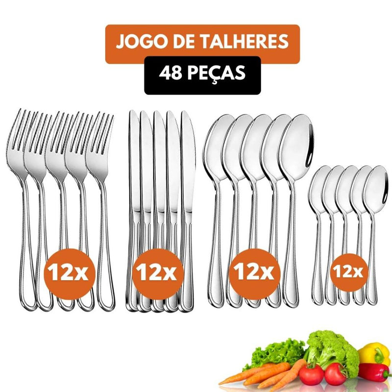 Jogo 48 Peças Talher em Aço Inox 12 Garfos 12 Colheres 12 Facas 12 Colheres Sobremesa Linha Premium