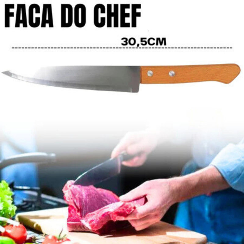 Kit para Churrasco Faca + Garfo + Chaira + Tábua com sulco e Alça de aço 100% Bambu