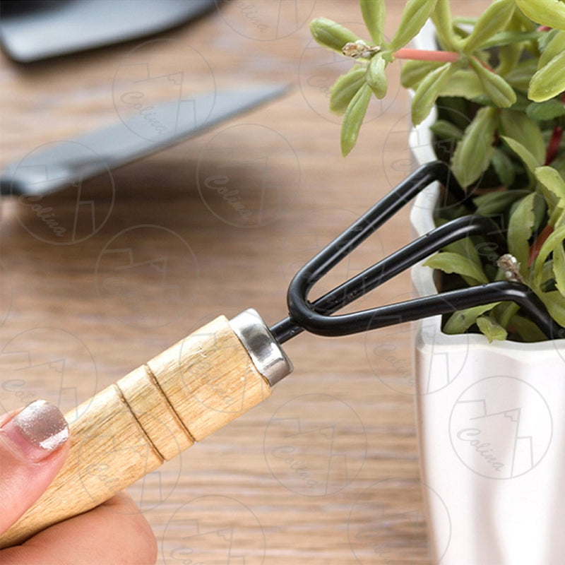 Kit 3 Peças Para Jardinagem Conjunto Mini Ferramentas Madeira Jardim Vaso Planta Horta Cultivo com Ancinho e Pá