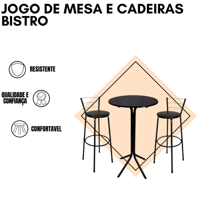 Jogo Mesa Bistrô Aço E Mdf E 2 Banquetas Cozinha Alta Bar