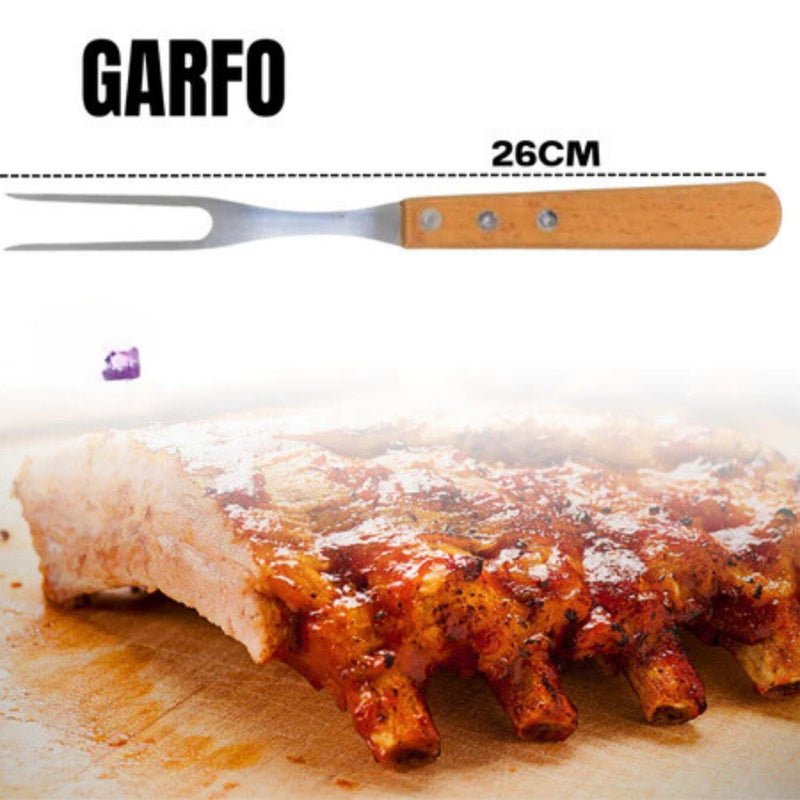 Kit para Churrasco Faca + Garfo + Chaira + Tábua com sulco e Alça de aço 100% Bambu