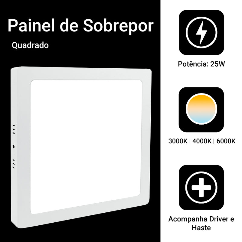 Kit 10 Painel Plafon Led Sobrepor 25w Quadrado Luz Forte