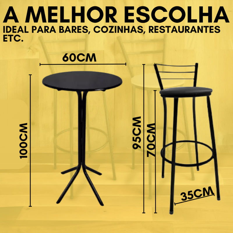 Jogo Mesa Bistrô Aço E Mdf E 2 Banquetas Cozinha Alta Bar