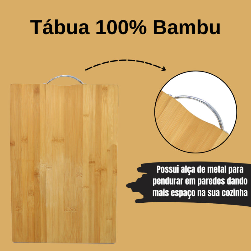 Kit para Churrasco Faca + Garfo + Chaira + Tábua com sulco e Alça de aço 100% Bambu