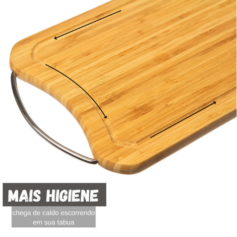 Kit para Churrasco Faca + Garfo + Chaira + Tábua com sulco e Alça de aço 100% Bambu