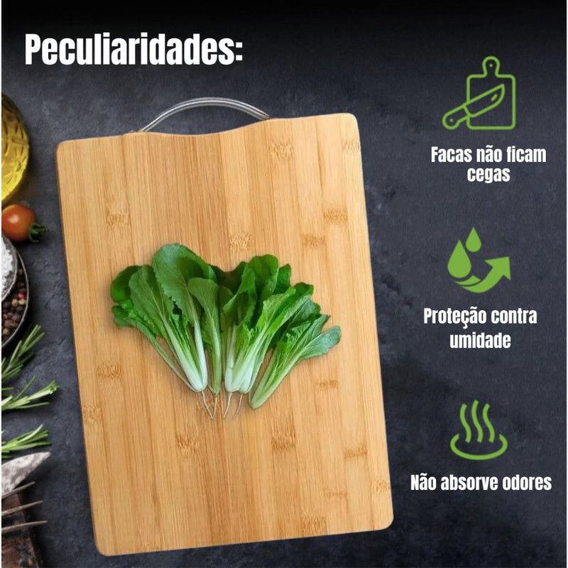 Kit para Churrasco Faca + Garfo + Chaira + Tábua com sulco e Alça de aço 100% Bambu